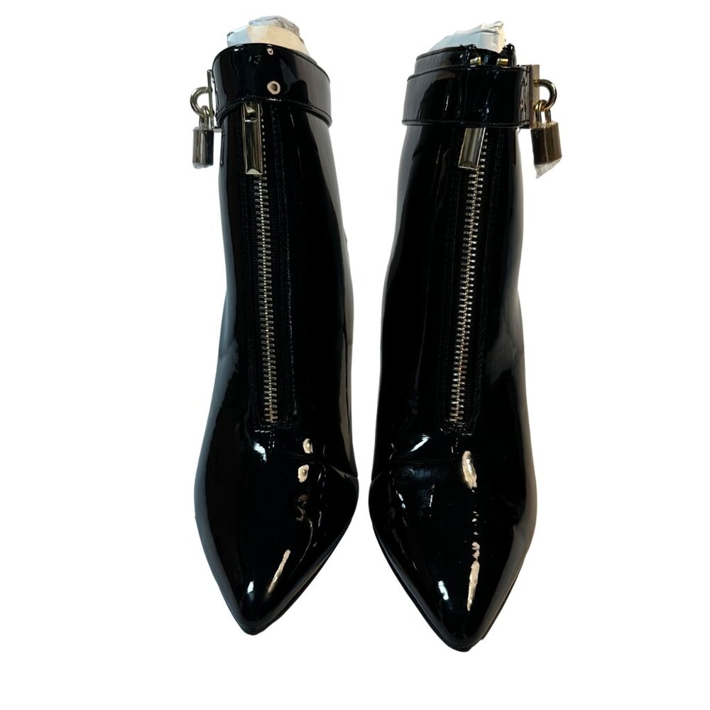 Shoe Dazzle Black Patent Leather Gold Heeled Ankle Boots Zipper Lock Detail 6.5 - Picture 3 of 8